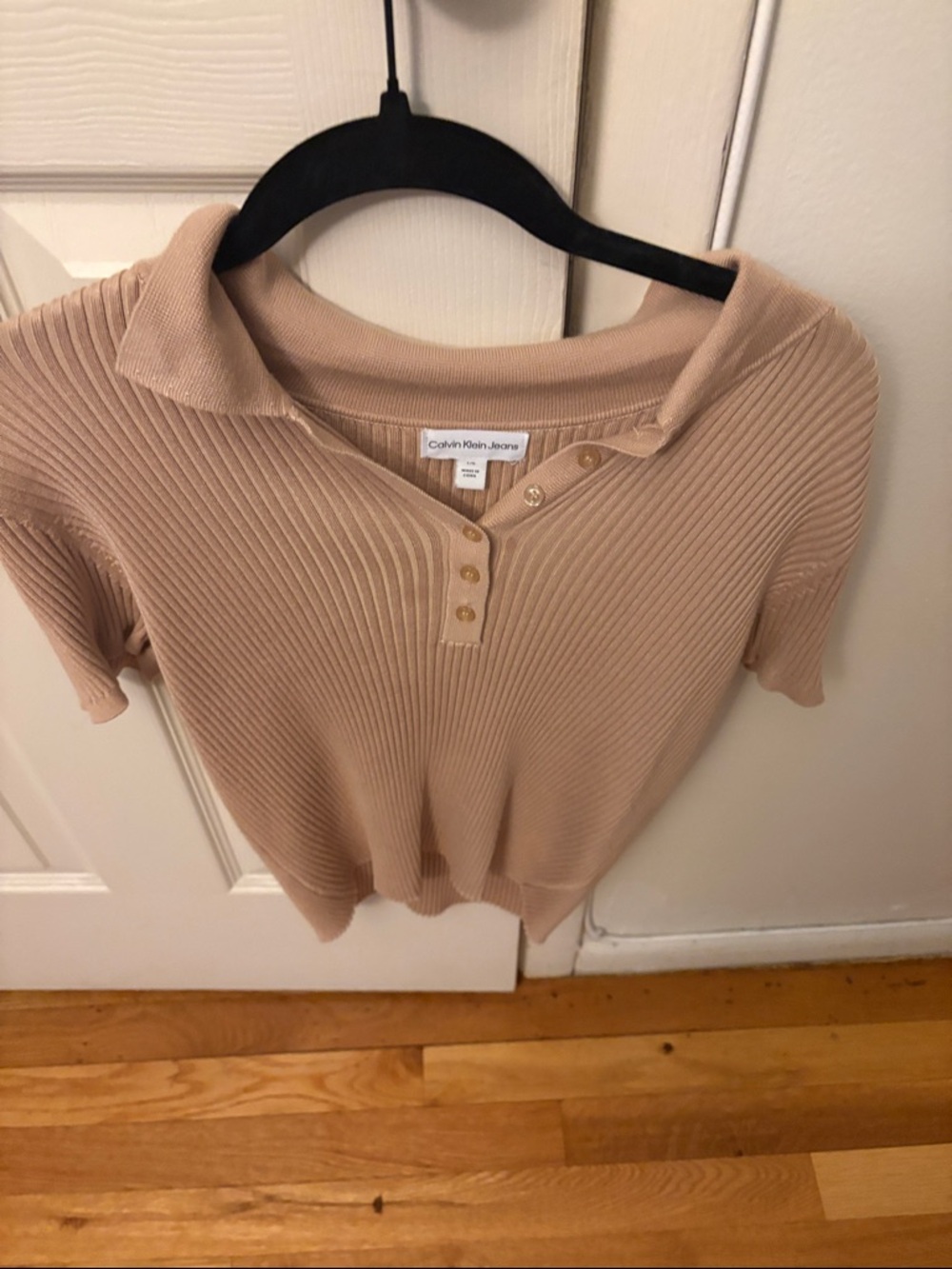 Calvin Klein Jeans Taupe Ribbed Short-Sleeve Polo Top